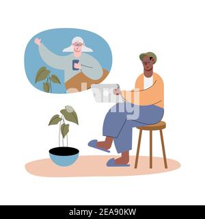 interracial old couple using technology in video calling characters vector illustration design Stock Vector