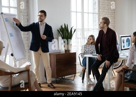 Startup leader and team analyzing marketing research at corporate meeting Stock Photo