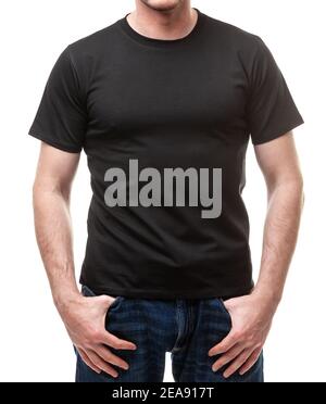 Young fit man wearing blank black shortsleeve cotton T-Shirt. Mock up template isolated on a white background Stock Photo