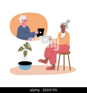 old women using technology in video calling characters vector illustration design Stock Vector