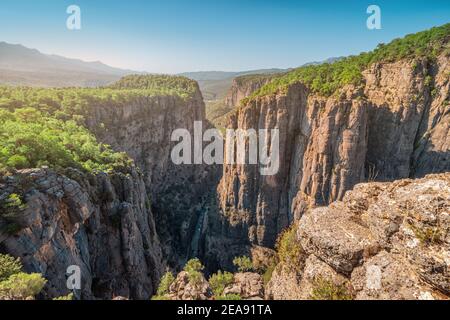 A large and picturesque gorge in the Tazi canyon in Turkey in the rays of the rising sun. A well-known tourist attraction and a place for active recre