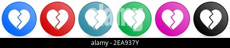 Broken heart vector icons, set of circle gradient buttons in 6 colors options for webdesign and mobile applications Stock Vector