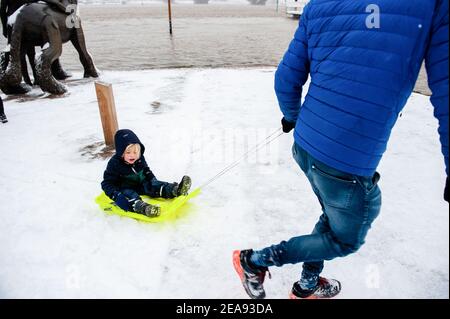 A father is seen pulling his son on a sled. The Netherlands woke up with a layer of snow covering most of the country. The meteorological institute KNMI has issued a Code Red weather alert for the entire country. Groups of people and families were sledding in the snow at the Kronenburg Park in Nijmegen. In the eastern part of Gelderland and around Nijmegen the snow level will increase to around 25 centimeters of snow before the snow stops. Stock Photo