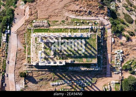 Greece Cape Sounio, Poseidon temple aerial drone top view. Archaeological site of ancient greek temple ruins, Athens Attica, sunny day Stock Photo
