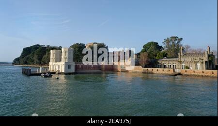 Brownsea Castle family pier and landing stage and Villano Cafe, Brownsea Island, Poole Harbour, Dorset, UK, December. Stock Photo
