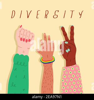 three diversity hands humans up and lettering vector illustration design Stock Vector