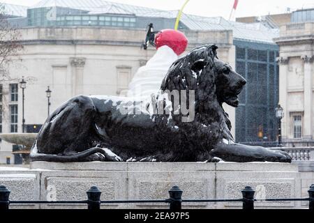 London, UK. 08th Feb, 2021. One of the Lion statues in Trafalgar Square seen with snow during storm Darcy. Credit: SOPA Images Limited/Alamy Live News Stock Photo