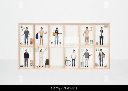 Collage, man in type case, different roles, against white background Stock Photo