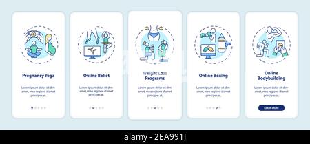 Top online workout programs onboarding mobile app page screen with concepts Stock Vector