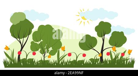 Vector illustration in trendy flat simple style - spring and summer landscape with plants, leaves, flowers - background for banner, greeting card or p Stock Vector