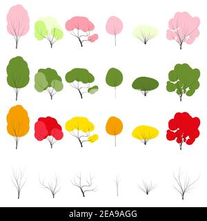 Tree set on doodles vector any season winter, spring, summen and autumn. flat style Stock Vector