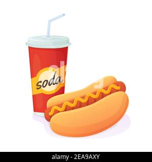 Tasty bright Hot Dog with soda combo. World no diet day, unhealthy fast food concept. Can be used for web, menu,banner. Stock vector illustration Stock Vector