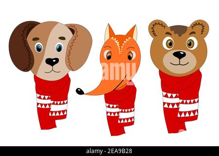 Set with colorful cute animal face in a winter scarf. Dod, fox, bear. Isolated objects. Cartoon flat illustration. Template christmas icon, sticker. Stock Vector