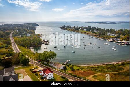 Aerial view of Mackerel Cove on Bailey Island off the coast of Maine ...