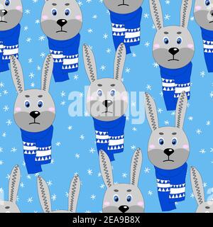 Seamless pattern with cute animal face on color background. Hare in a winter scarf. Merry Christmas and New year vector illustration for fabric Stock Vector