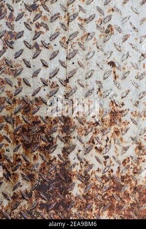 Rusting surface of old steel sheets for a long time white corroded paint in suburban city area Stock Photo