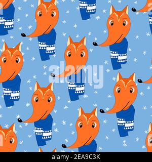 Seamless pattern with cute animal face on color background. Fox in a winter scarf. Merry Christmas and New year vector illustration for fabric Stock Vector