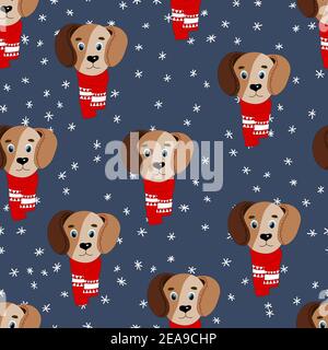 Seamless pattern with cute animal face on color background. Dog in a winter scarf. Merry Christmas and New year vector illustration for fabric Stock Vector