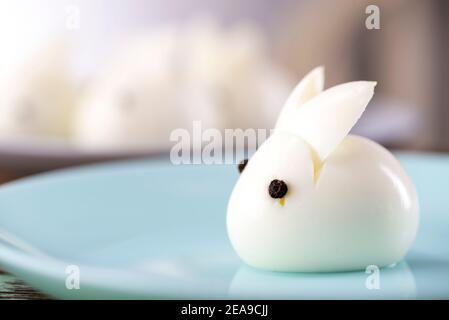Funny bunny made of boiled eggs, Easter table decoration, Easter decor and serving. Stock Photo