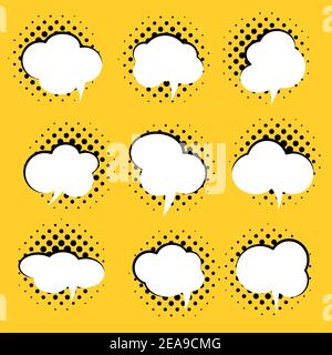 Big set of vector comic speech bubbles on color background. Isolated halftone colorl banner, empty paper shape. Cartoon flat illustration for chat Stock Vector