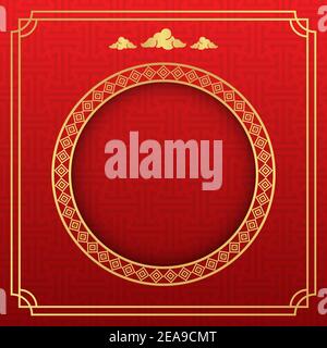 Chinese background, decorative classic festive red background and gold frame, vector illustration Stock Vector