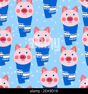Seamless pattern with cute animal face on color background. Pig in a winter scarf. Merry Christmas and New year vector illustration for fabric Stock Vector