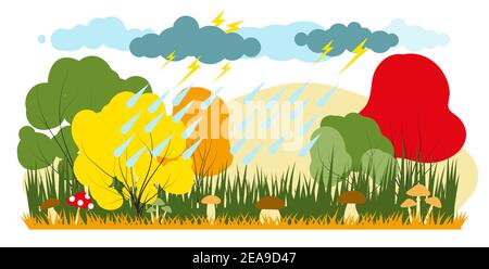 Vector illustration in trendy flat simple style. rainy colored forest autumn landscape with mushrooms. Stock Vector