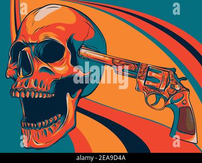 colored Danger skull with revolver vector illustration Stock Vector