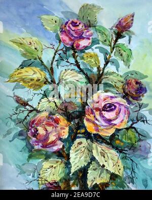 Art , watercolor  ,painting ,,rose flower , abstract , design , background, from thailand Stock Photo