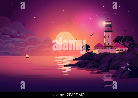 Lighthouse - vector landscape. Sea landscape with beacon on the cliff at night. Vector horizontal illustration in flat cartoon style. Stock Vector