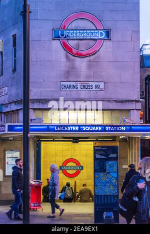 Leicester Square Tube Station London - Vintage London Underground Sign at Leicester Square Station in Charing Cross Road London WC2 Stock Photo