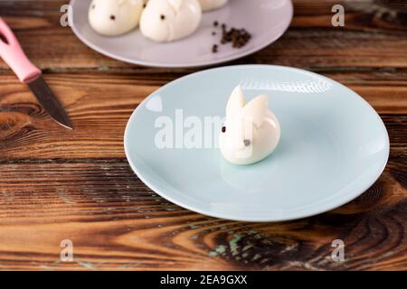 Funny bunny made of boiled eggs, Easter table decoration, Easter decor and serving. Stock Photo