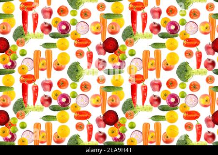 Seamless pattern bright vegetables and fruits isolated on white background without shadow. Stock Photo