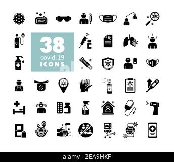 Set corona virus vector glyph icons. Symptoms and protective antivirus glyph icons related to coronavirus, 2019-nCoV. Human pneumonia covid-19 Stock Vector