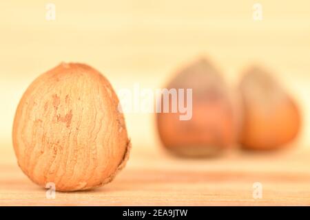 In the foreground, in focus, macro - one peeled natural ripe hazelnut. In the background are two whole hazelnuts, against a background of natural wood Stock Photo