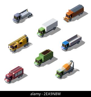 Vector set of vehicle isometric collection of colorful transportation. Commercial, construction and service trucks isolated on white background. Stock Vector