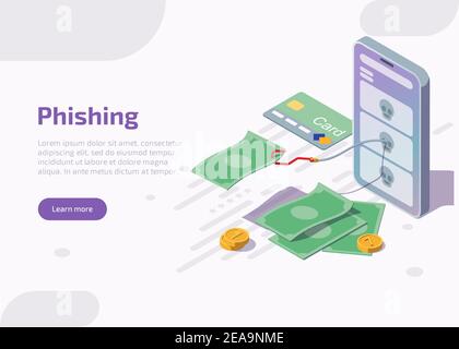 Phishing isometric landing page or web banner. Fishing hook catch money bills from mobile phone screen. Theft personal data in internet for hacking account. Cyber crime, 3d vector flat illustration. Stock Vector
