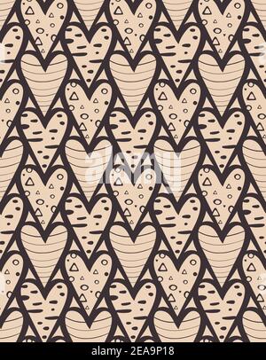Heart doodle seamless pattern. Hand drawn ink brush line in grey, sketchy scandinavian stile. Light background is easy to change Stock Vector