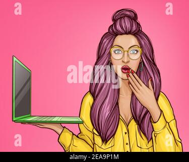 Vector pop art illustration of a amazed young girl holds an open laptop in her hand. Excellent advertising poster with a beautiful woman in glasses, open mouth for promoting a new laptop model. Stock Vector