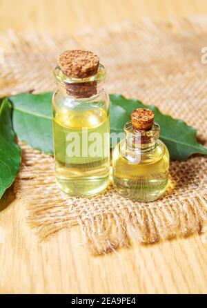 bay leaf oil in a small bottle.selecve focus nature Stock Photo