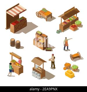 Isometric farmers market with grocery products. Vendors selling fresh healthy vegetables and fruits, narural honey and milk. Agricultural products on stalls. Harvest concept illustration on background Stock Vector