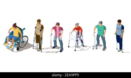 Isometric people with leg injuries, crack or break of bones, spine, fracture of foot, orthopedic problems. Characters on crutches, walker, in wheelchair, with stick, cane. Rehabilitation of disabled. Stock Vector