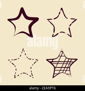 Doodle star icons set. Hand drawn ink brush lines in shapes of star for web decorative projects, cards, templates. Light background Stock Vector