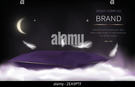 Night background for advertising of cosmetic products. Dark night sky with moon and stars, purple velvet pillow on white fluffy cloud, flying soft feathers, cosmetics promotion concept for magazine Stock Vector