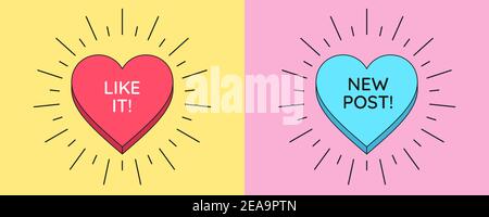 Like it button and New post banner. Social media templates with heart button inside sunburst and text New Post and Like It. Announcement of new conten Stock Vector
