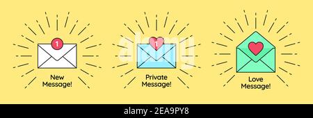 Inbox mail notification with counter, incoming email with text New message, Private message and Love message inside sunburst frame. Love letter, sms e Stock Vector