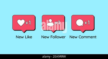 Social media bubbles with icon Like, Follower, Comment. Notification counter of new likes, followers and comments. Set of notice for social media comm Stock Vector