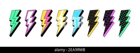 Isolated Lightning bolt signs. 4st set of flash thunderbolts with texture for zine retro culture and crazy futuristic design. Electric voltage, energy Stock Vector
