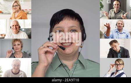 Team working by group video call share ideas brainstorming negotiating use video conference, pc screen view six multi ethnic young people, application Stock Photo