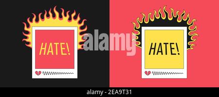 Social media banner with fire and heading Hate. Abstract post template with topic about hating, anger, envy and negative relationship in internet and Stock Vector